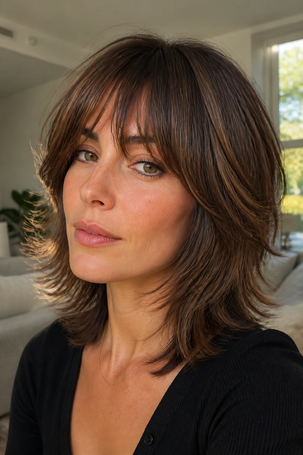 Close-up portrait of a real woman with feathered shag layers around jaw and collarbone