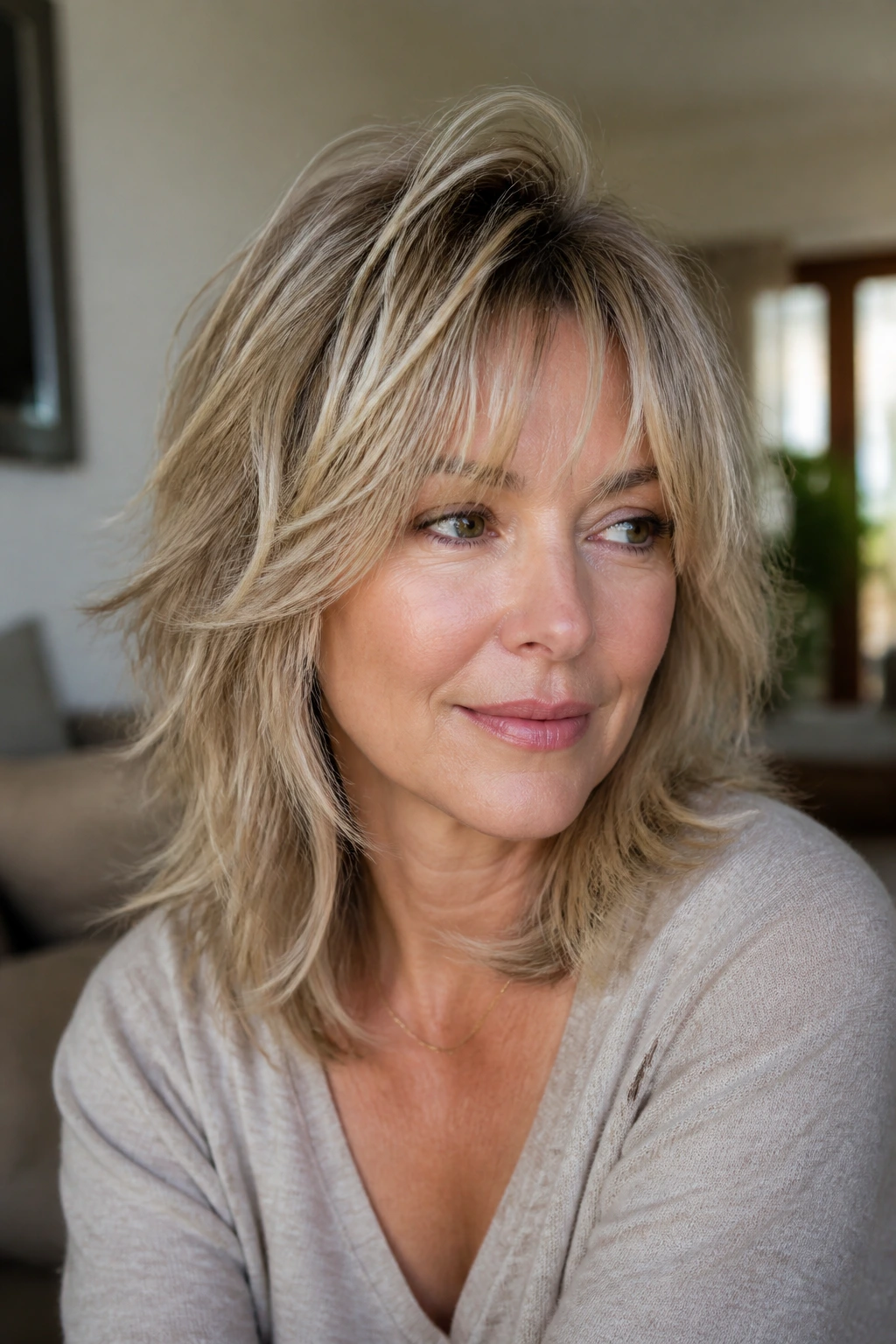 Close-up of a real woman with a modern shag on fine hair showing lift at the crown
