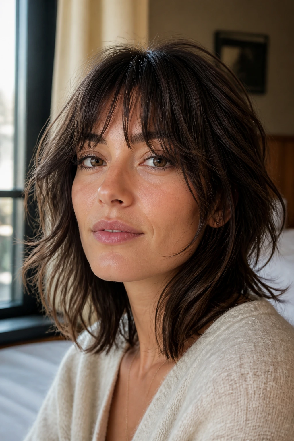 Close-up portrait of a real woman with a soft, loose fringe shag haircut in natural window light