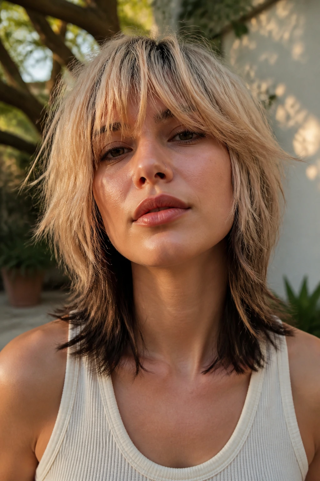 Close-up portrait of a real woman with high-contrast shag and chunky ends