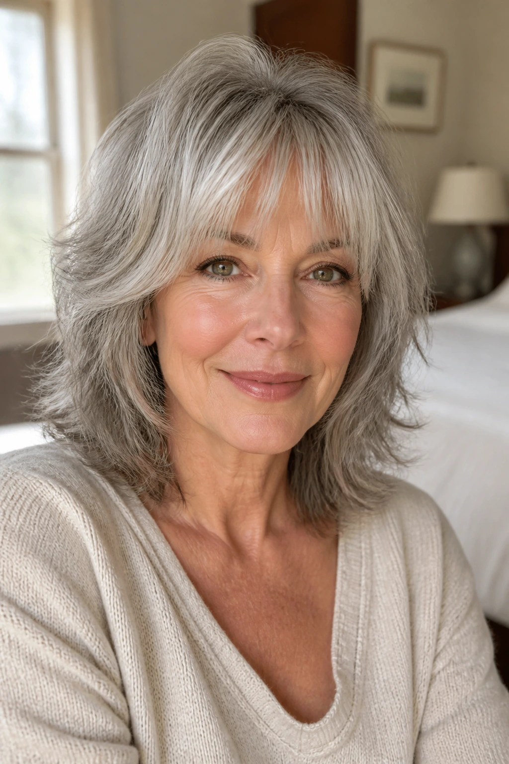 Close-up of an older woman with retro shag, showing length, layers, and fringe under natural window light