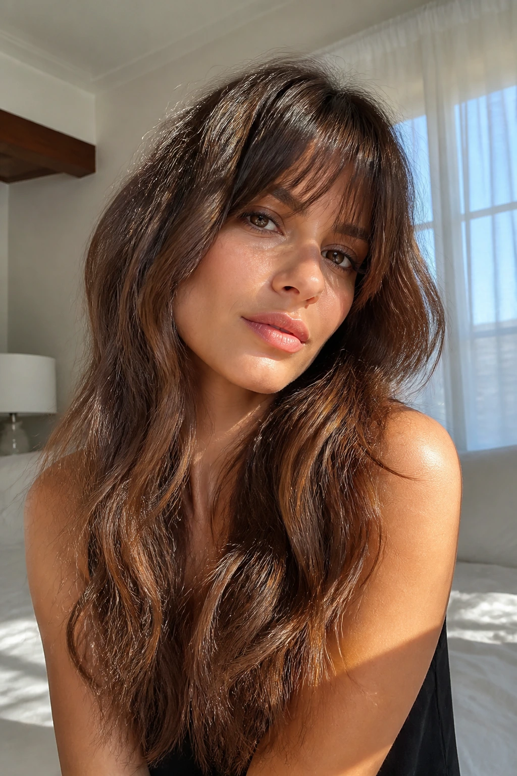 Close-up of a real woman with minimal-layer shag and soft bangs in natural bedroom light.