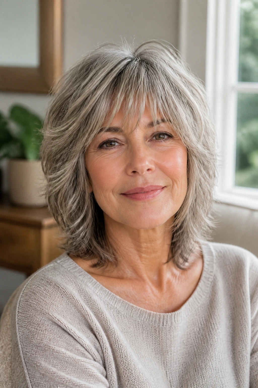 Portrait of a person with neatly shaped shag at home between visits