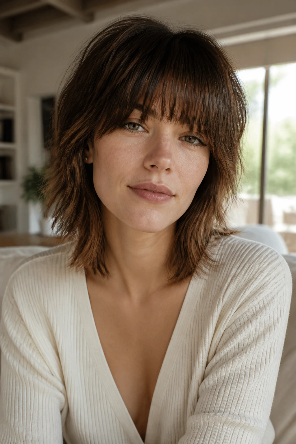 Close-up portrait of a real woman with minimalist shag and soft texture