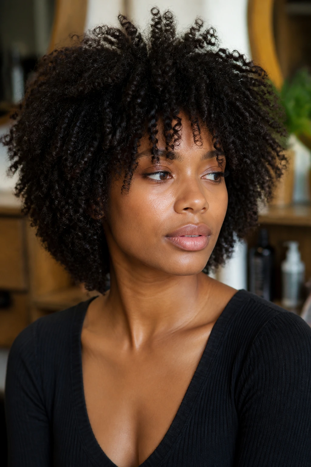 Close-up of a real Black woman with a natural shag showing longer fringe and lifted crown