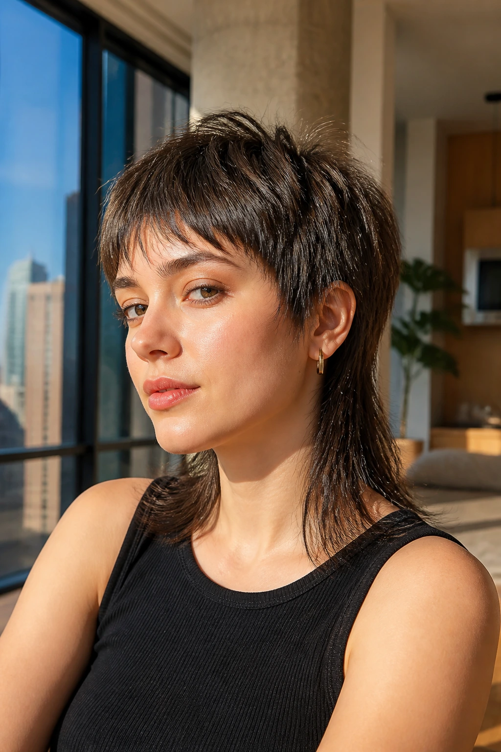 Close-up of a real person with short textured front and longer back shag in warm natural light