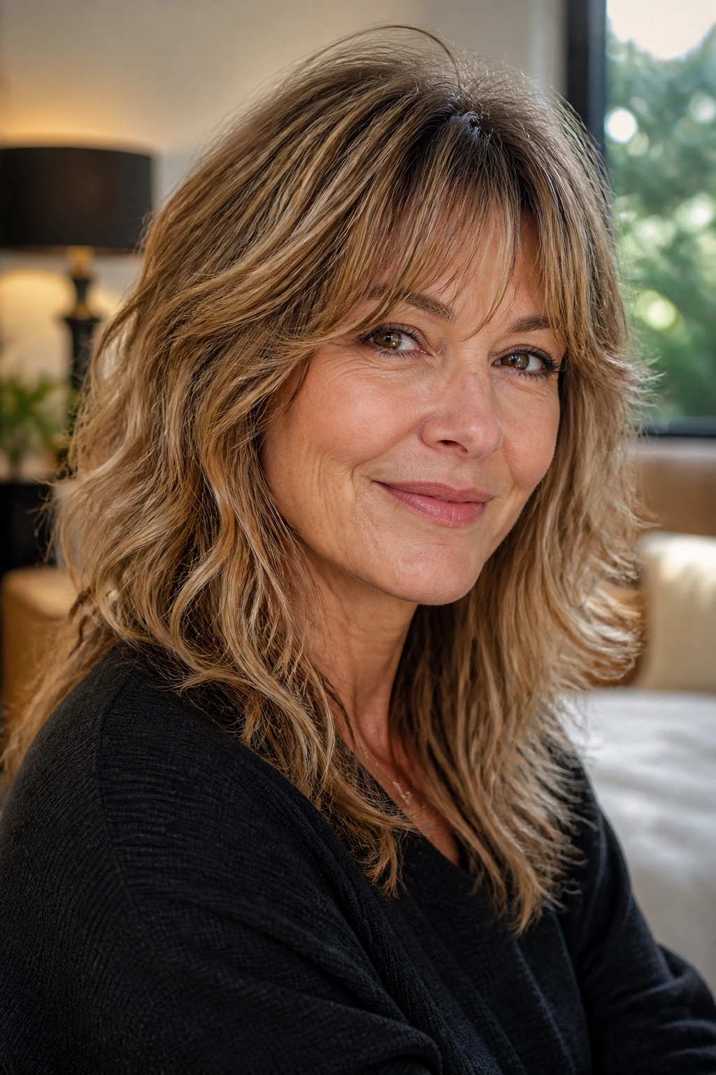 Close-up portrait of a real woman with a layered shag haircut, warm natural light