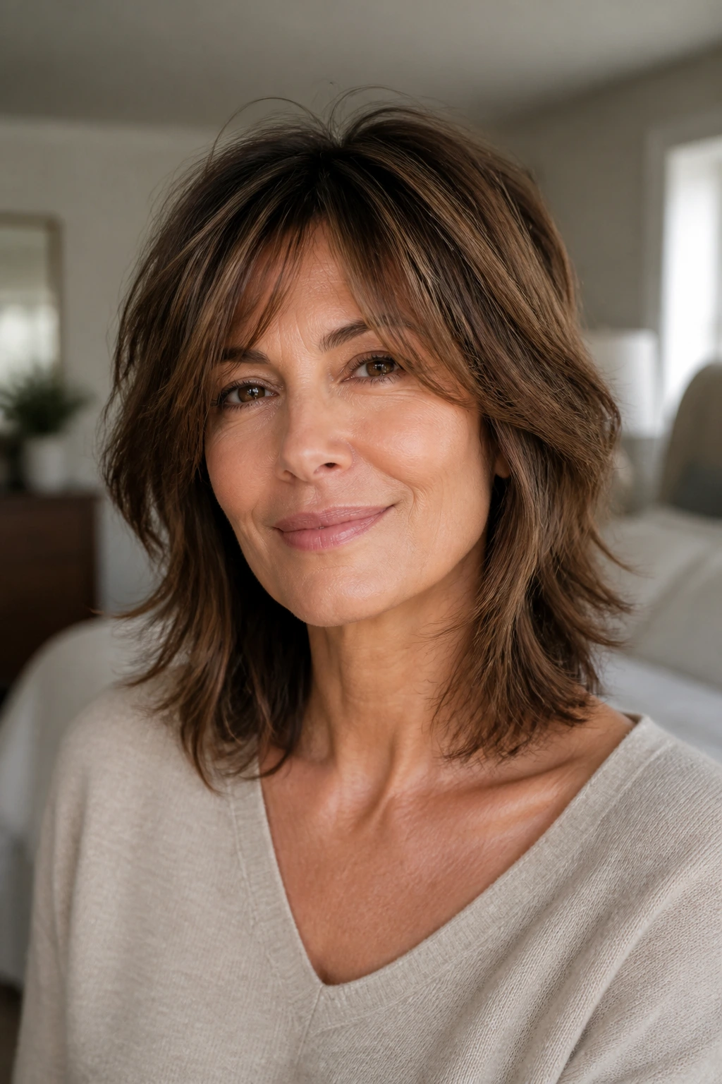 Portrait of a real woman with a shoulder-length layered shag in a stylish bedroom