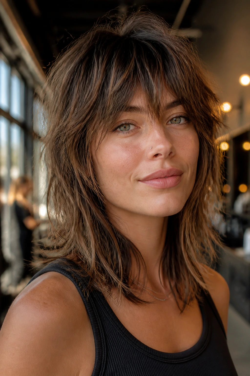 Close-up portrait of a real woman with a chic shag haircut in a salon