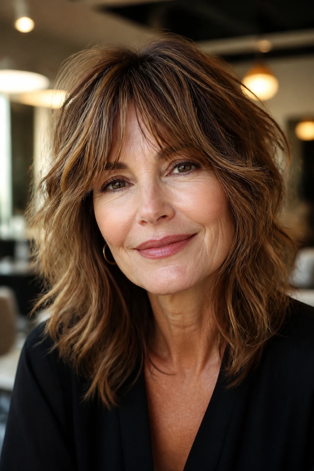 Portrait of a woman with a wavy shag haircut in a salon