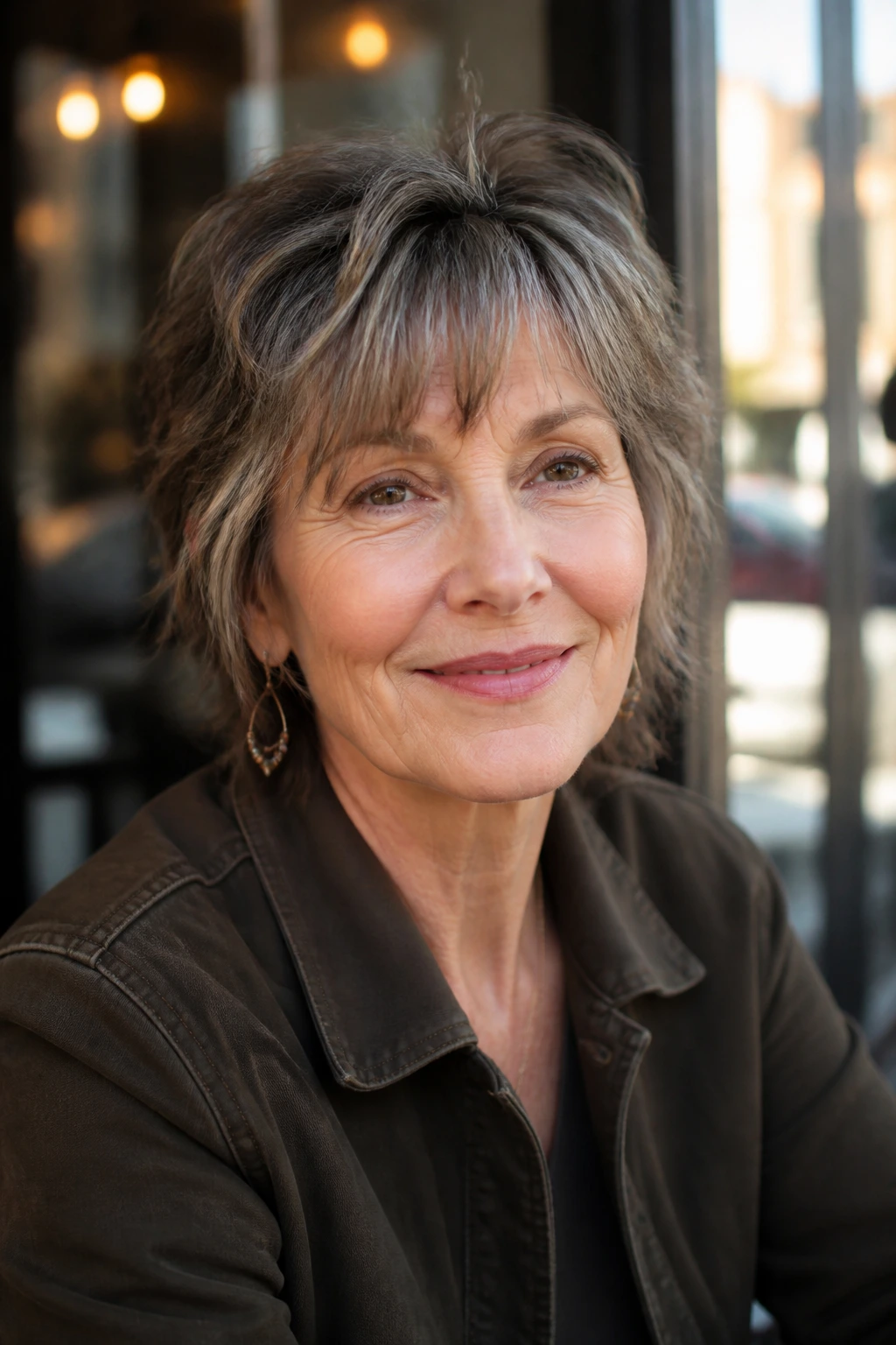 Portrait of a real woman wearing a shag hairstyle in everyday life