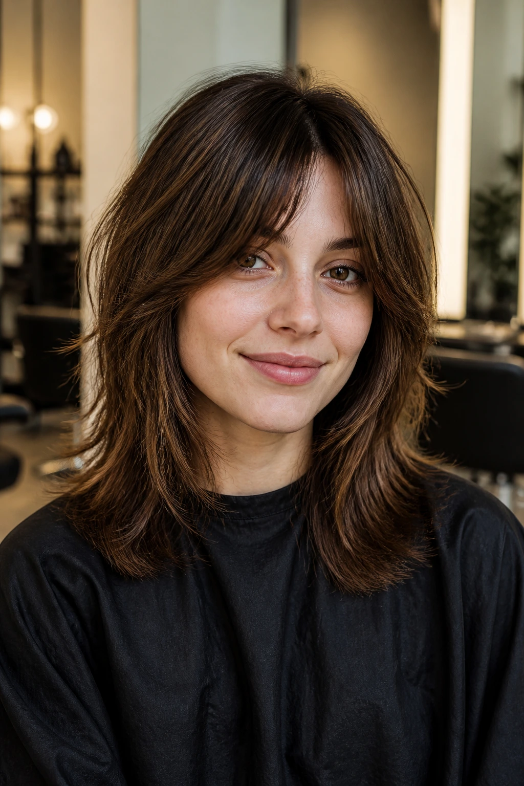 Portrait of a woman in a salon chair with a thick perimeter shag ready for the cut