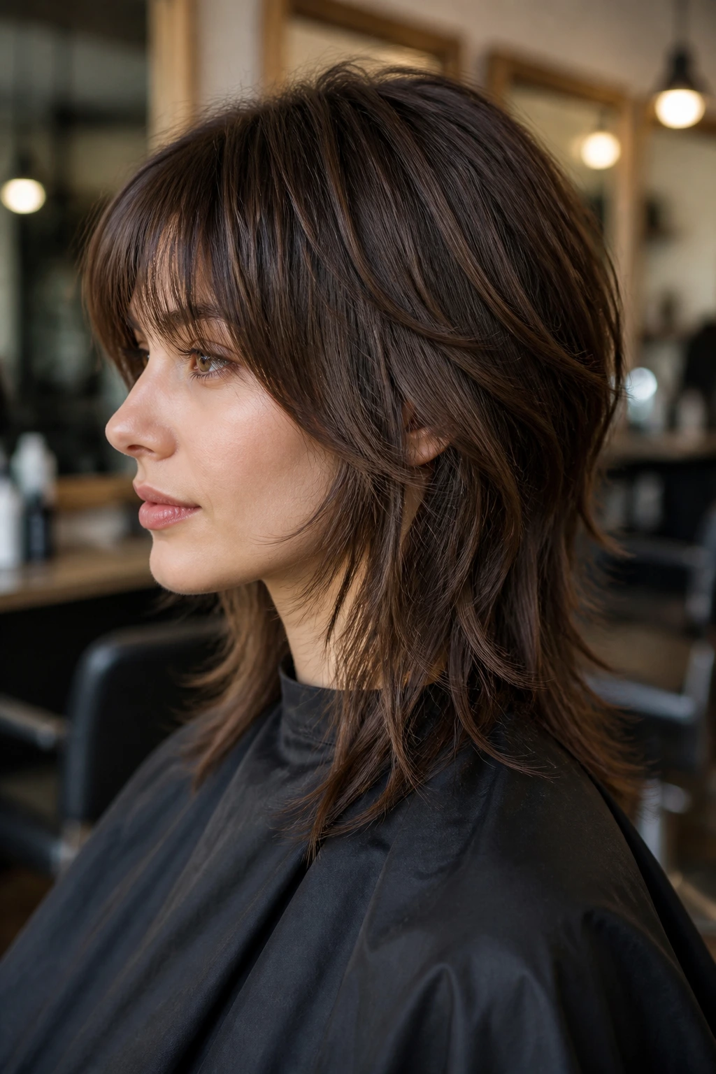 Close-up portrait of a real woman in a salon chair showing side fringe and back-length layers of a straight-hair shag.
