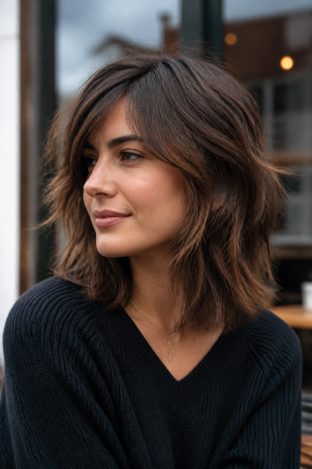 Close-up of a woman with shoulder-grazing shag and side bangs in daylight.