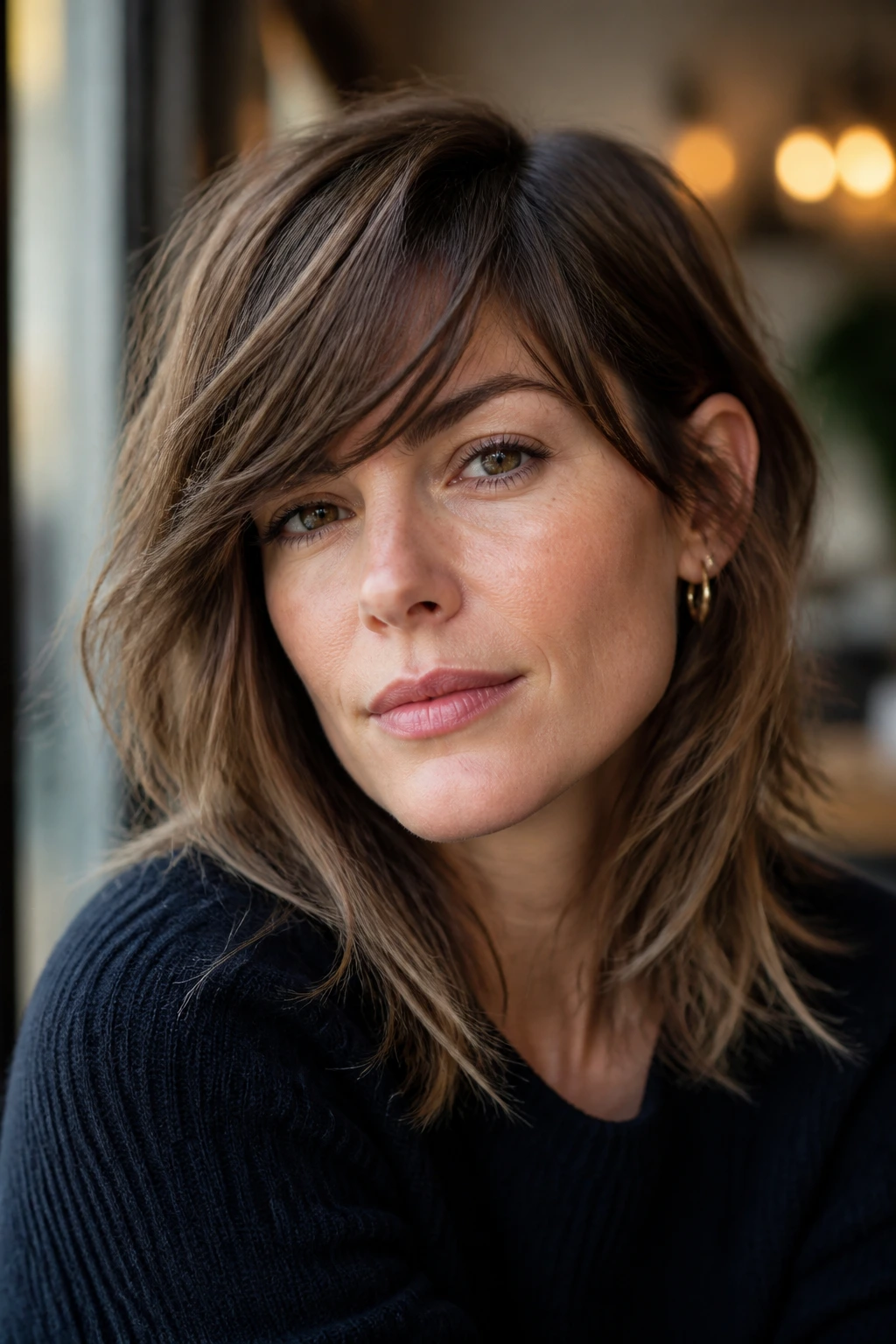 Close-up portrait of a real woman with side-swept cascading fringe shag