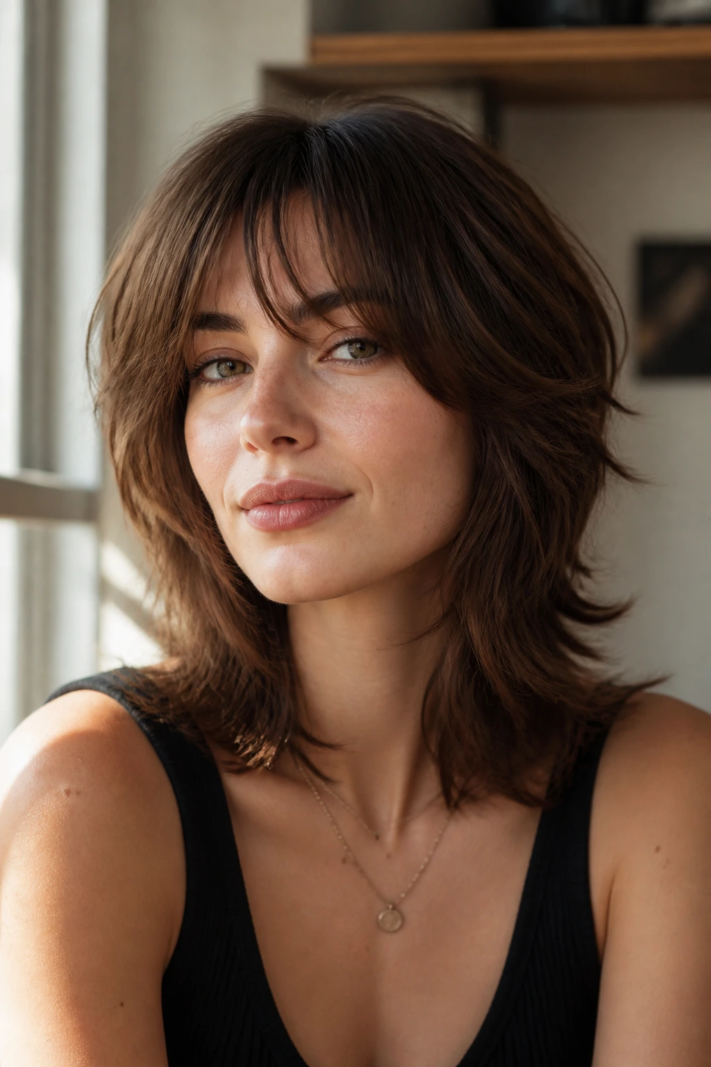 Close-up portrait of a real woman with a standout shag haircut, curtain bangs, and jaw-length movement.