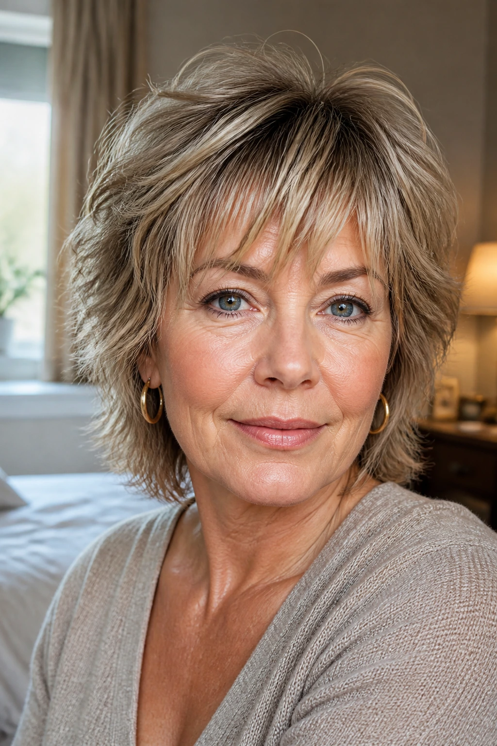 Close-up of a woman over 50 with a textured shag and lift at crown in warm window light