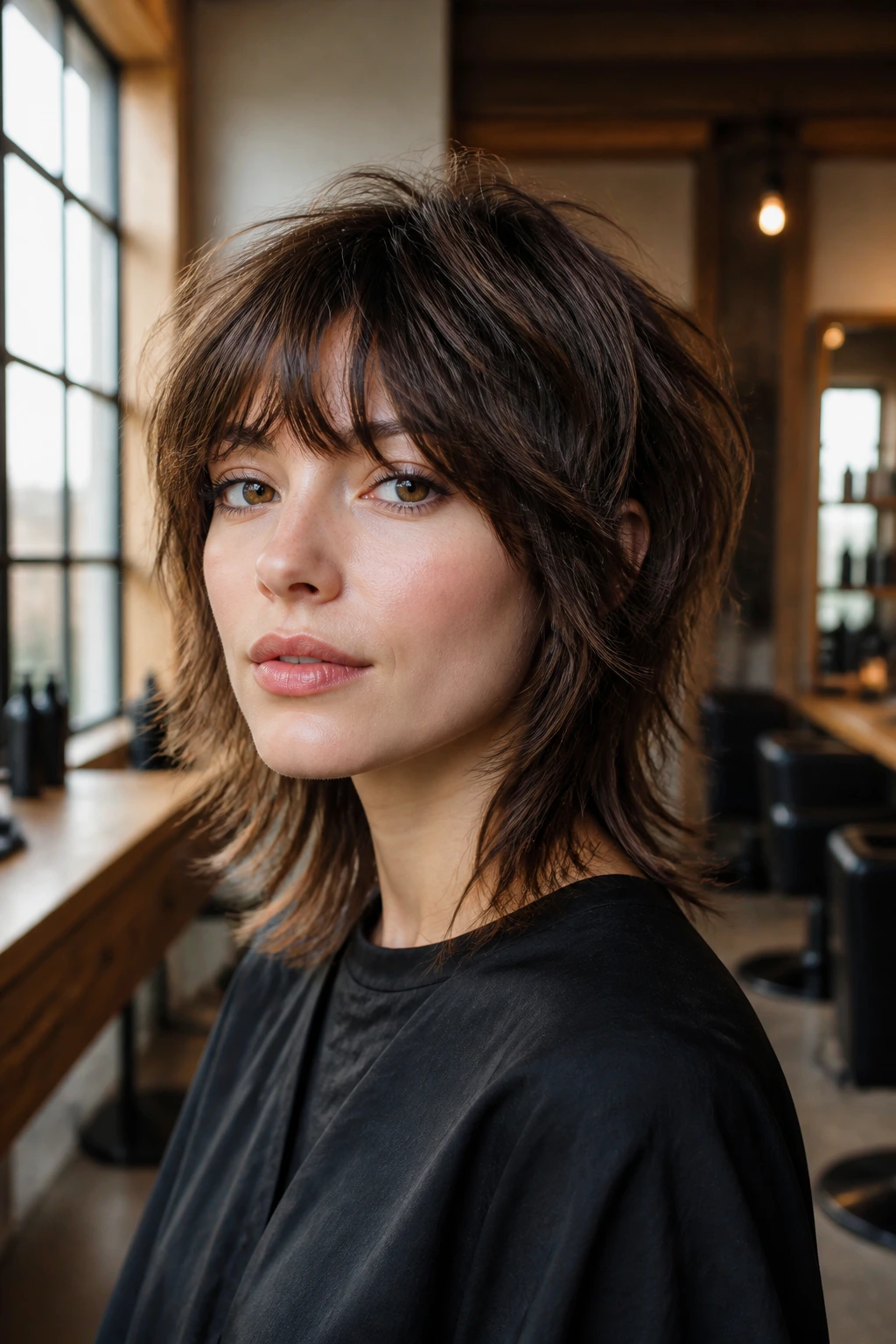Portrait of a woman with tailored shag showing layers around cheeks and crown