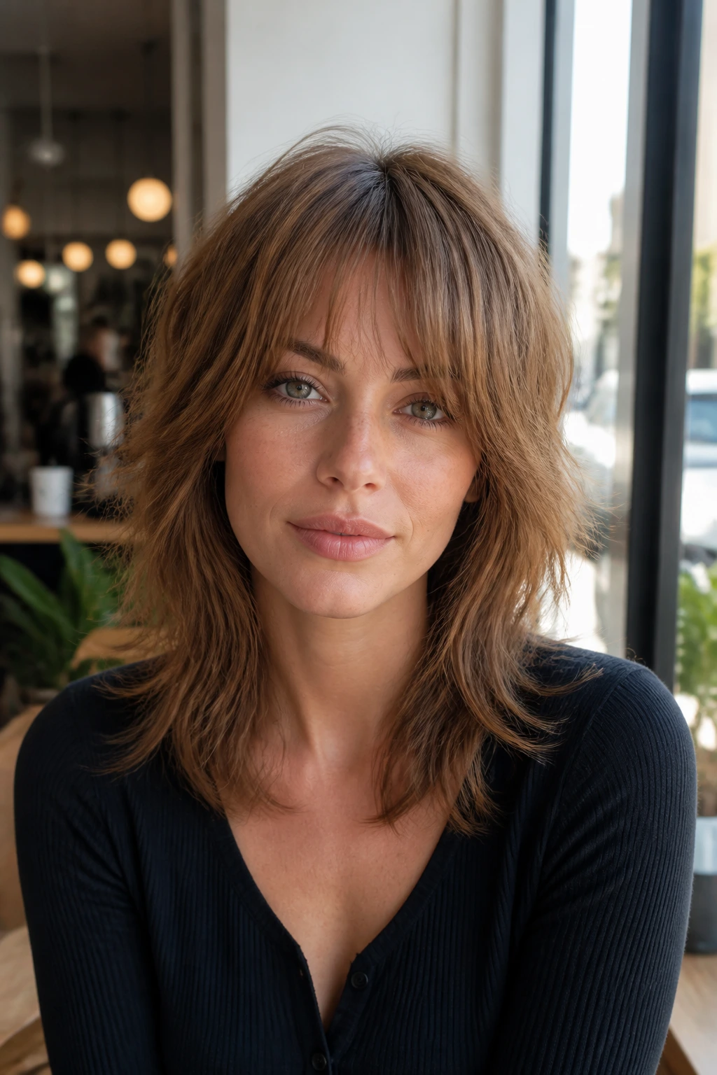 Portrait of a real person with a balanced shag haircut and soft bangs in natural cafe light
