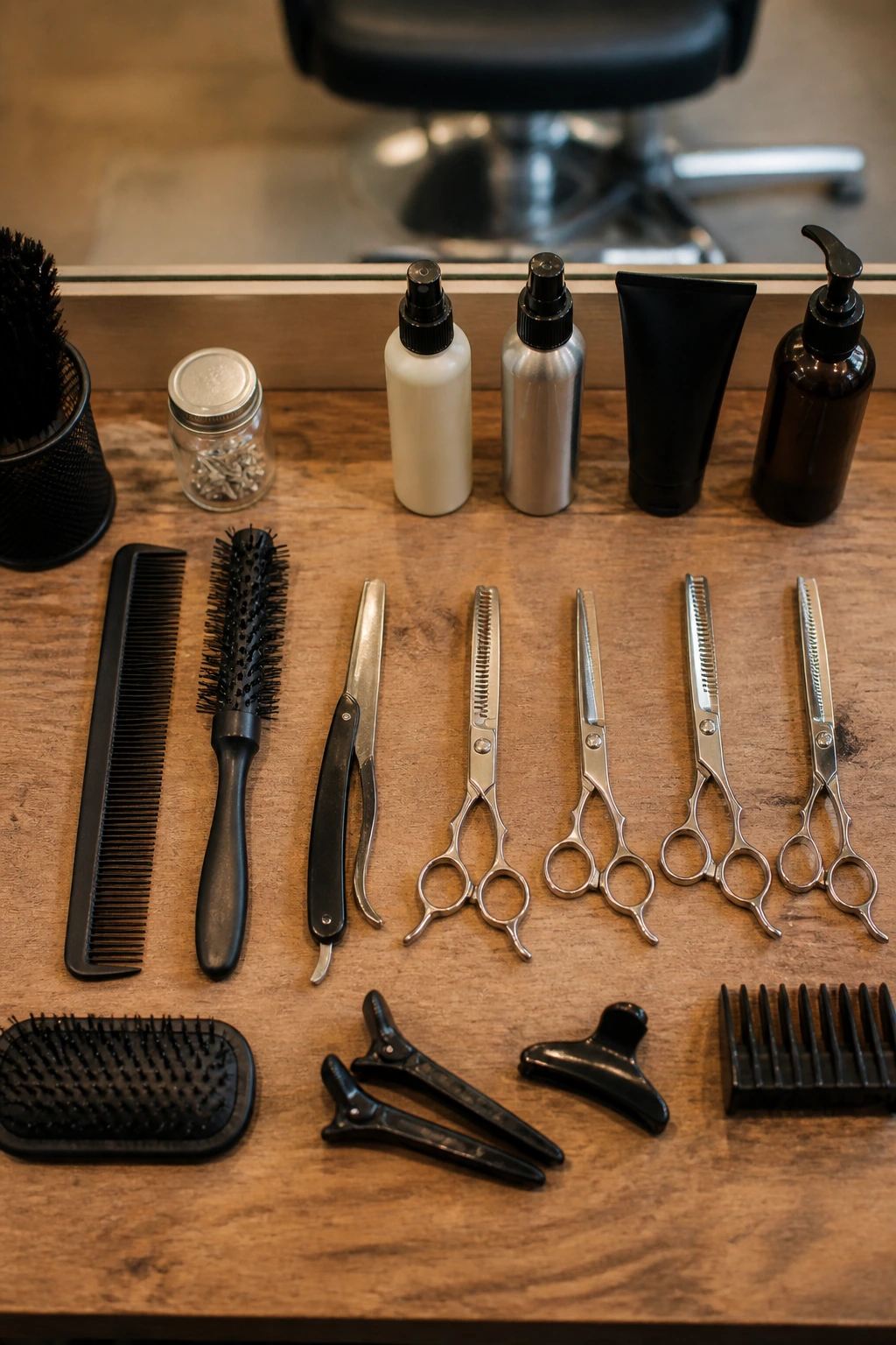 Top-down view of essential shag haircutting tools on wooden surface