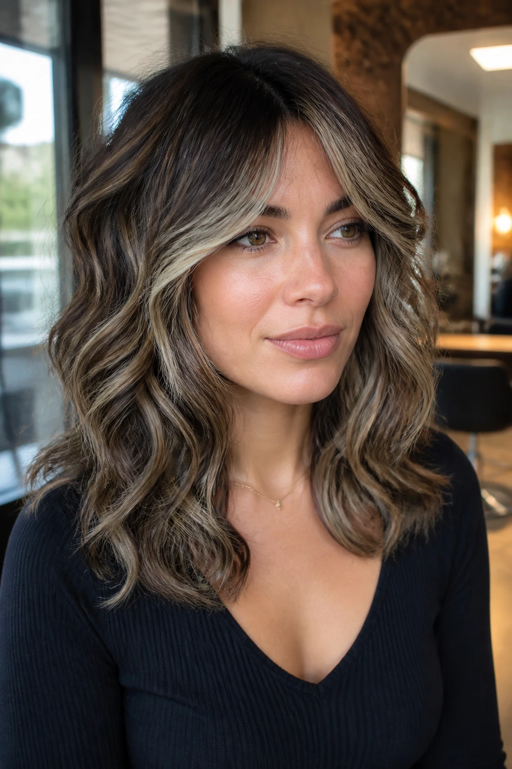 Close-up of brunette woman with shag haircut showing soft texture, light fringe, and money-piece highlights in a warm salon
