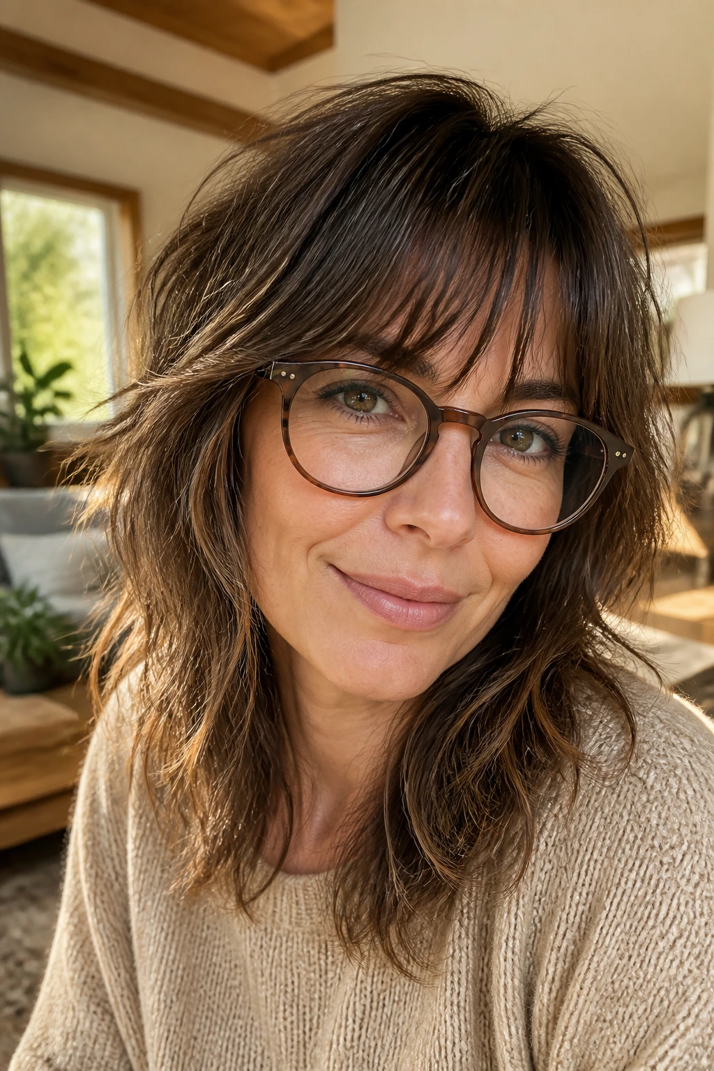 Close-up portrait of a real woman with a shag haircut and glasses in a sunlit living room