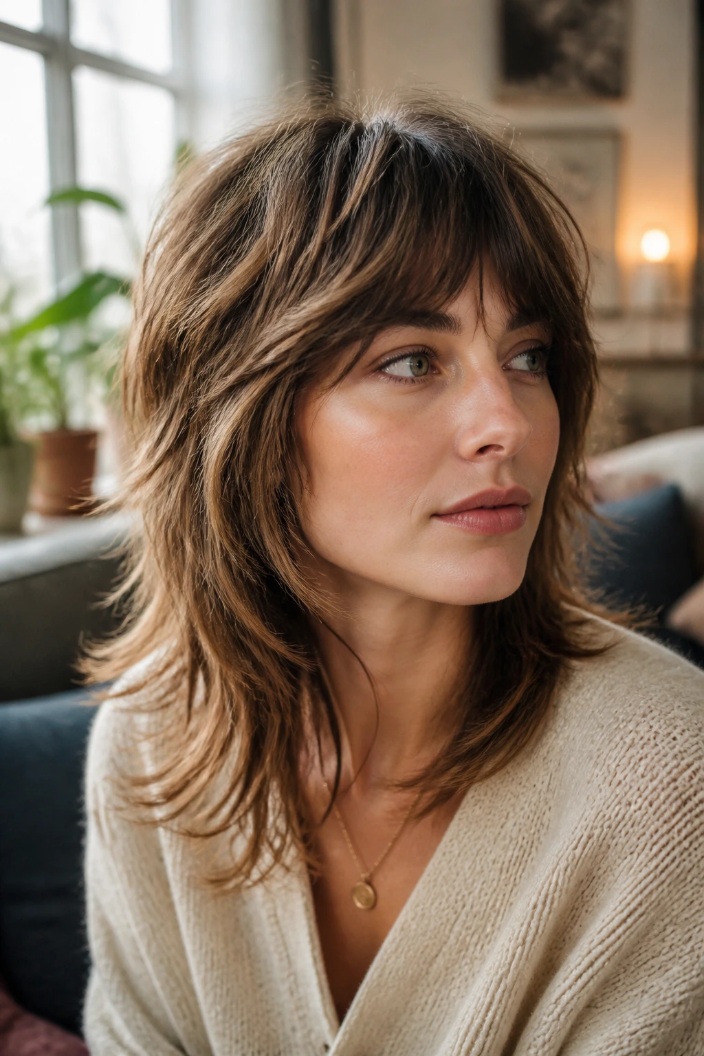 Close-up portrait of a real person with a vintage shag haircut in warm window light.