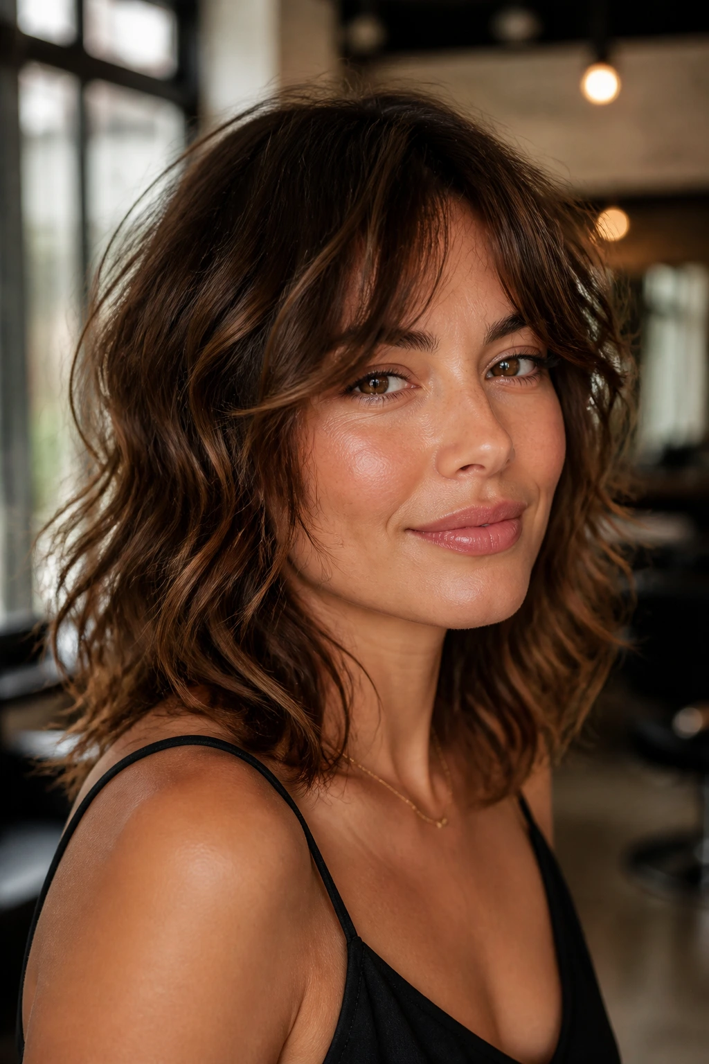 Close-up portrait of a real woman with a modern shag haircut in a chic salon