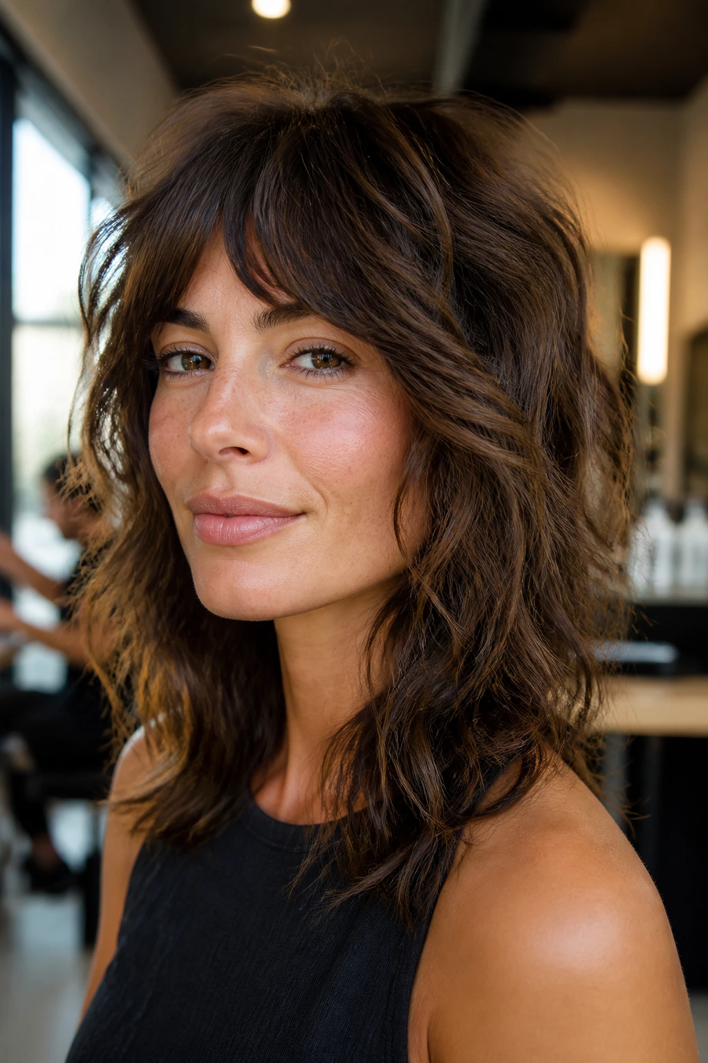 Close-up portrait of a real person with a layered shag on natural wavy hair
