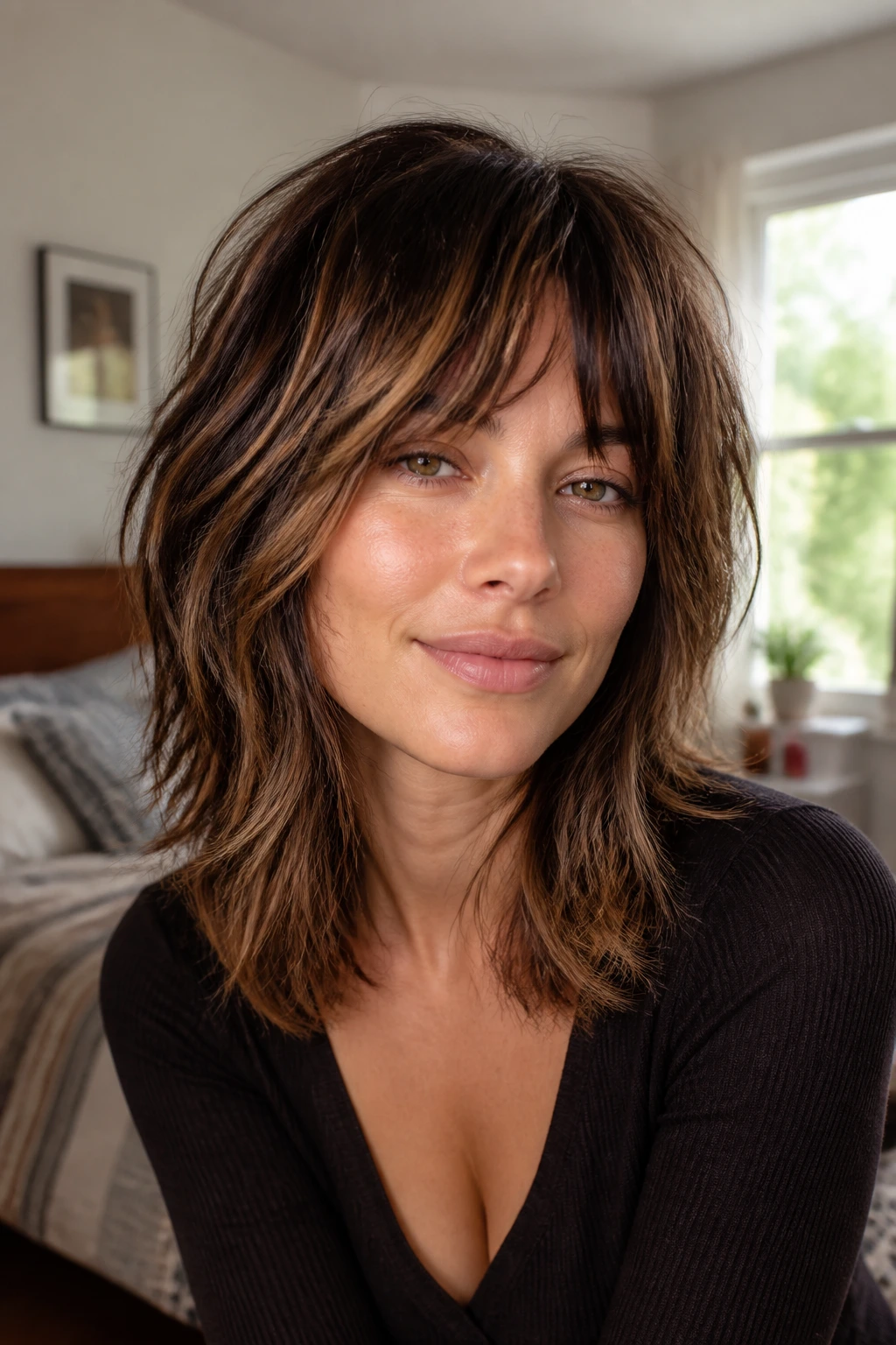 Close-up brunette with dimensional shag haircut and crown highlights in warm window light