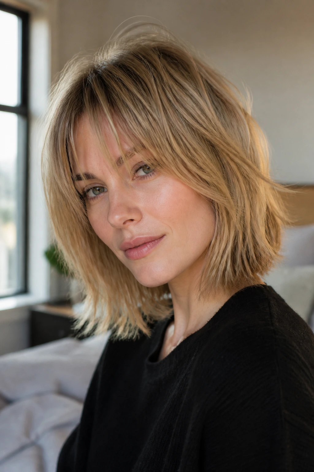 Close-up portrait of a real woman with a modern shag on fine straight hair showing movement and face-framing layers