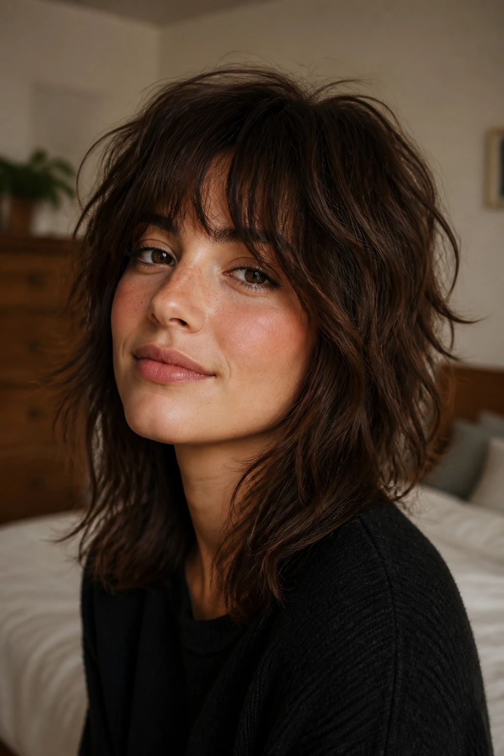 Close-up portrait of a real person with a medium-length shag haircut and layered texture.