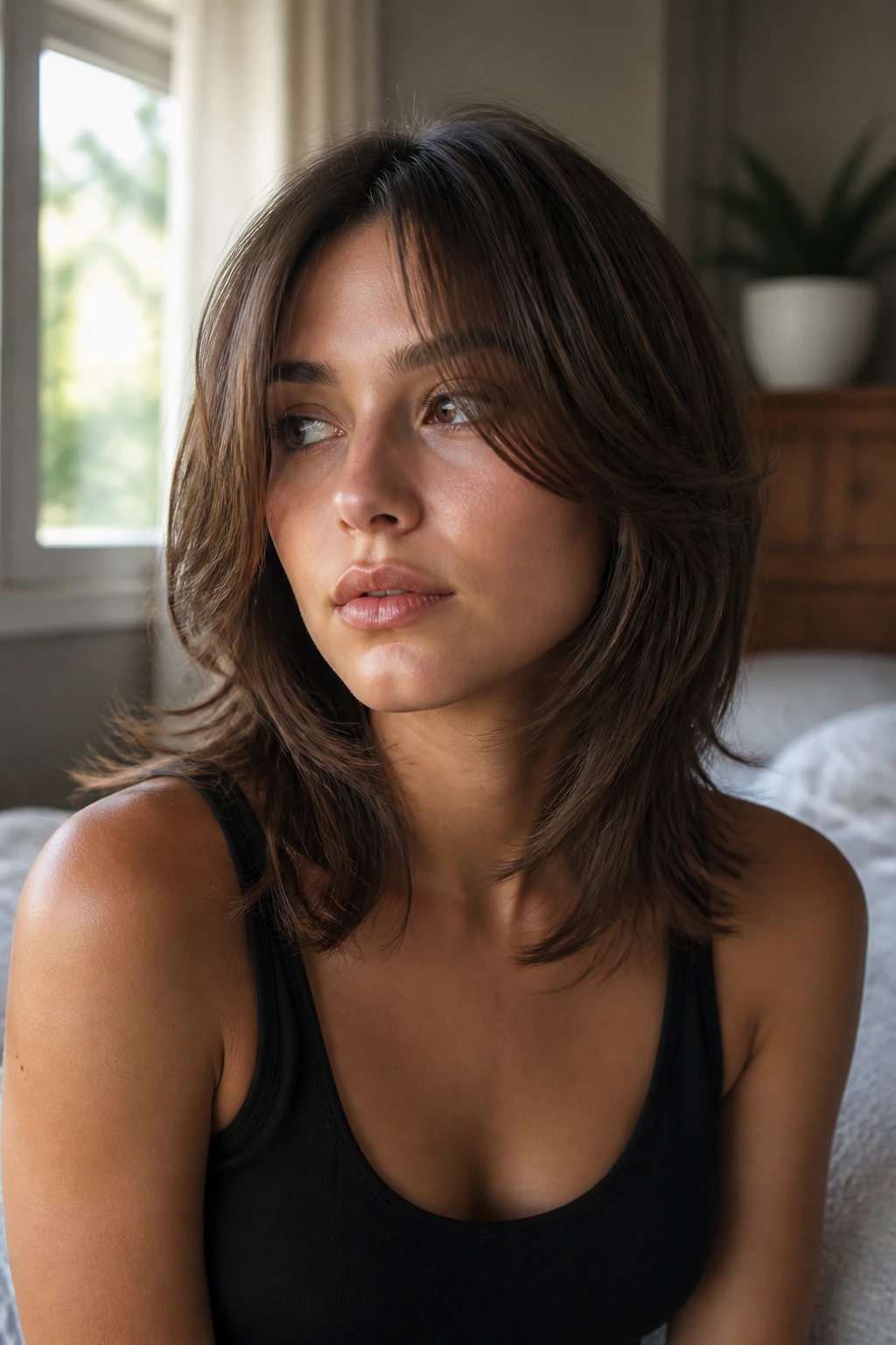 Portrait of a real person with a styled shag on medium-length straight hair