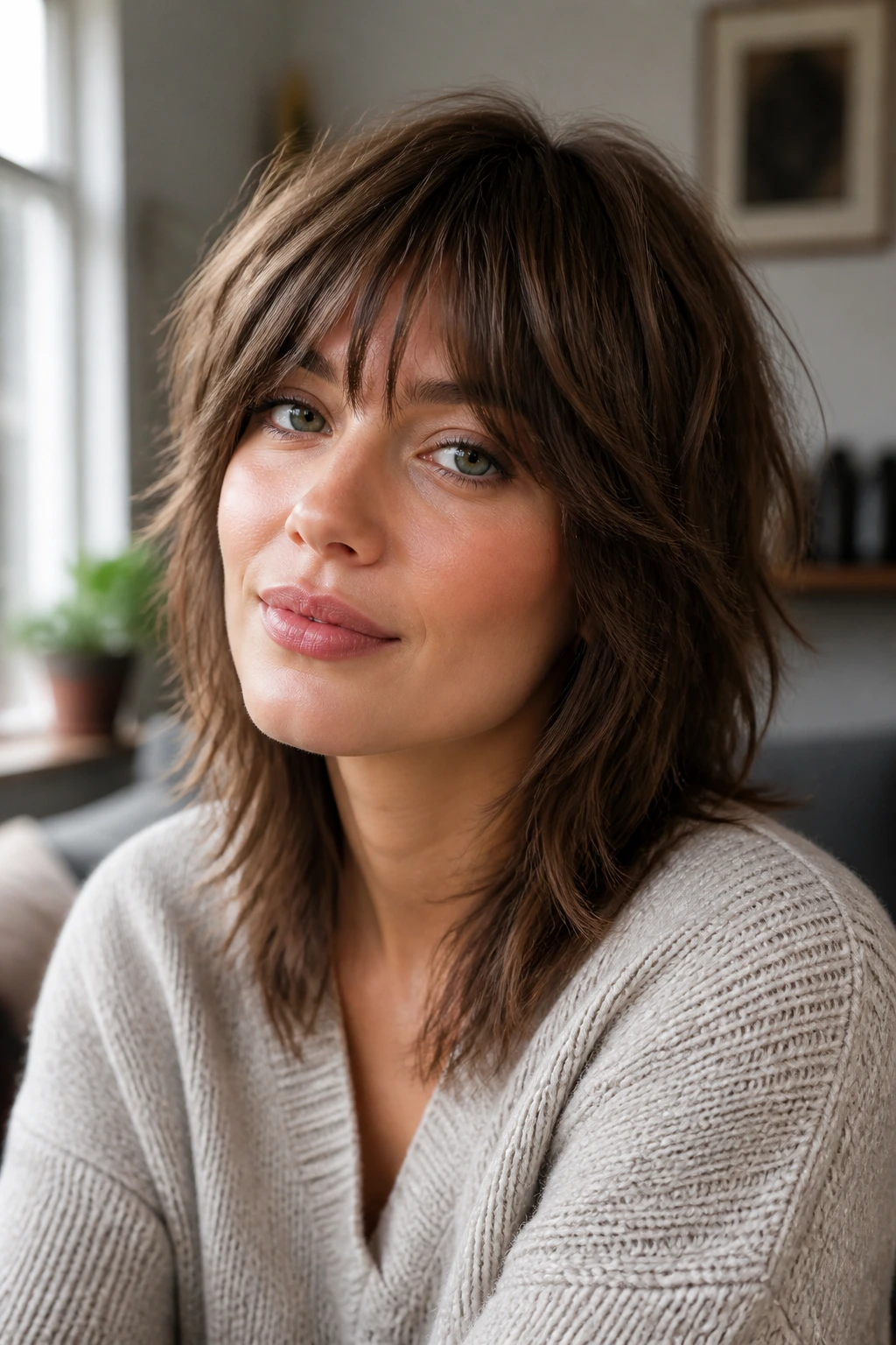 Close-up portrait of real person with shag haircut suited for thin hair in a cozy living room
