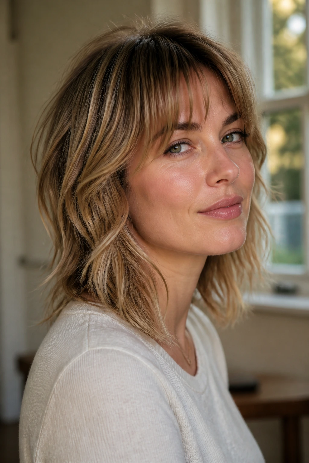 Portrait of a woman with a non-stringy shag hairstyle