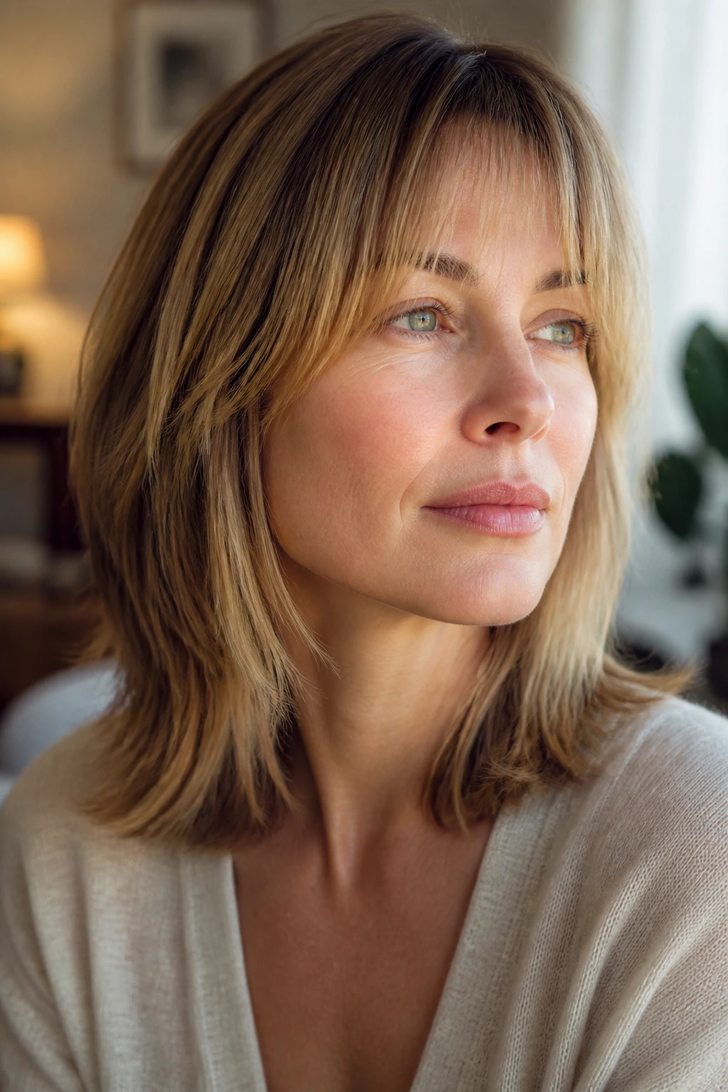 Close-up portrait of a real woman with medium-length shag hair in the Fine-Straight Version