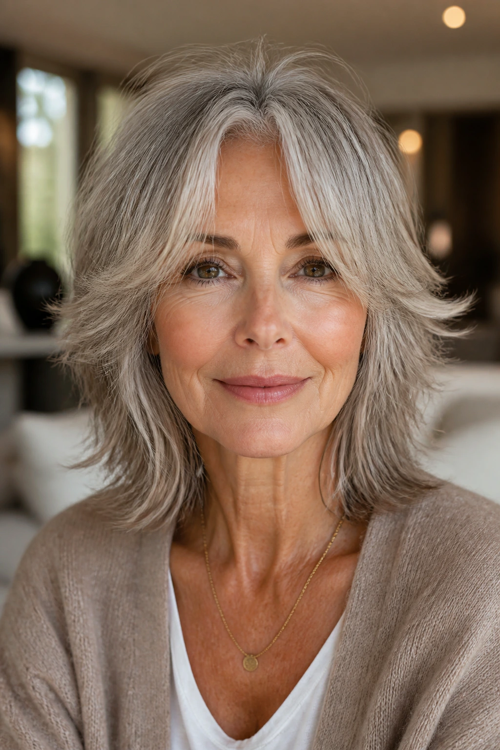Portrait of an older woman with an intentional shag, center part and framed features
