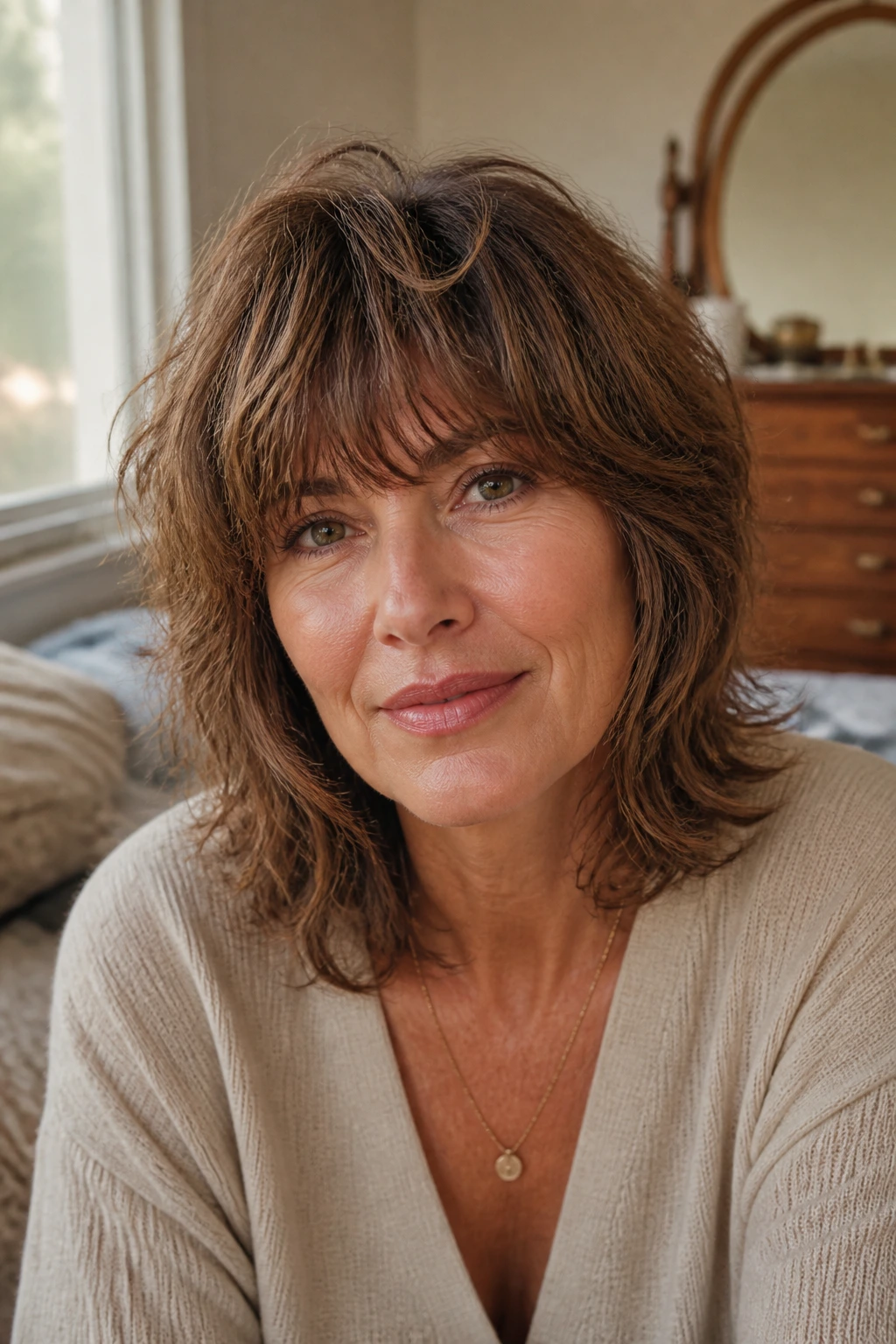 Portrait of a real woman with a versatile shag haircut styled for both casual and polished looks in morning light.
