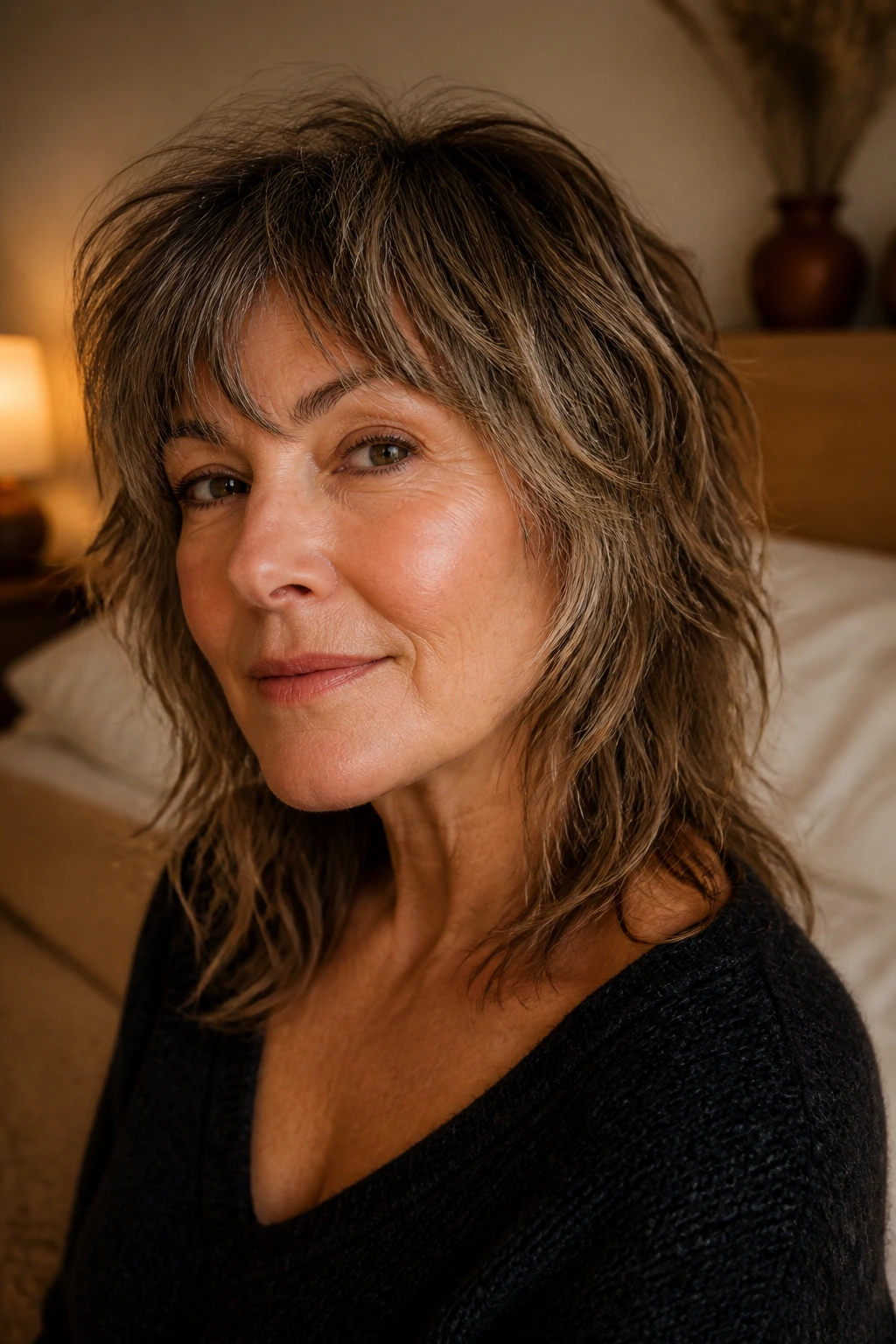 Portrait of a real woman styling a shag to show movement and texture.