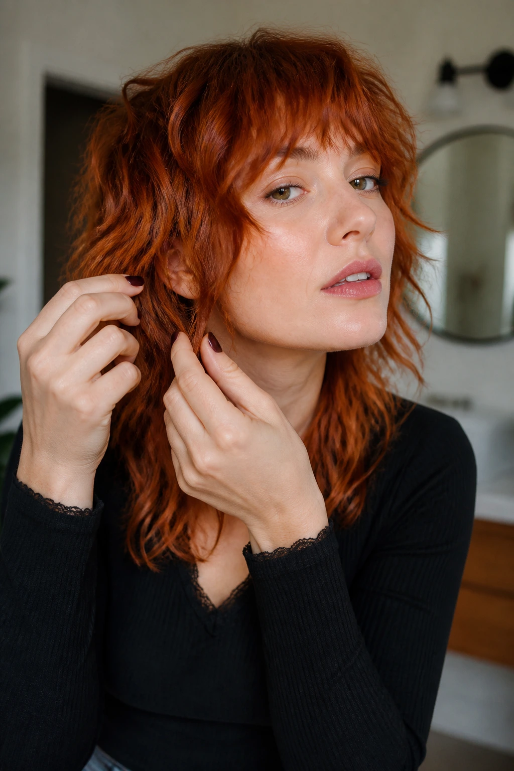 Real person styling a shag at home, showing face-framing layers.