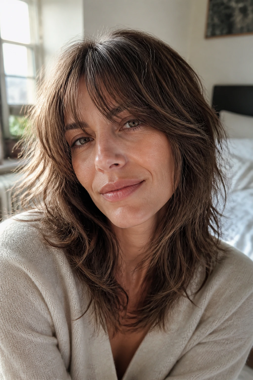 Close-up portrait of a real woman with grow-out-friendly shag featuring blended long layers and soft fringe