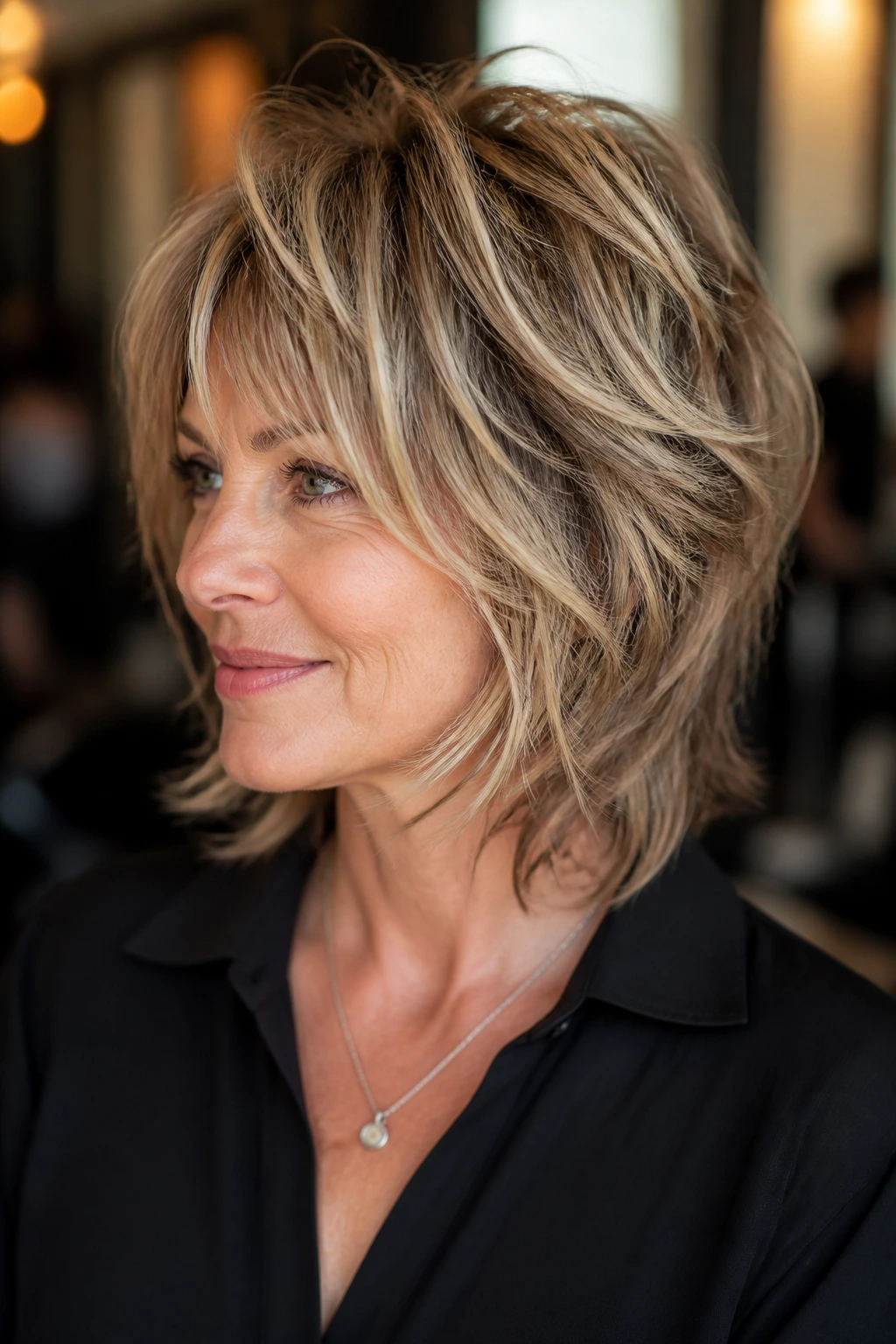 Close-up of a real woman with highlighted shag and dimensional ribbons framing the face