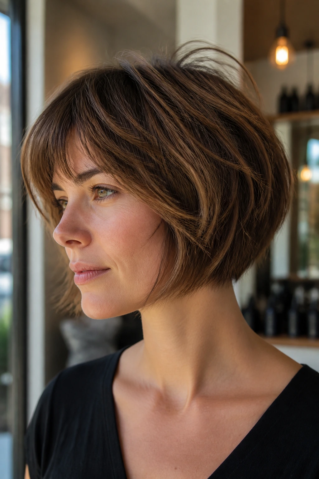Close-up portrait of a real woman with a shag-influenced short bob, crown lift and textured ends.