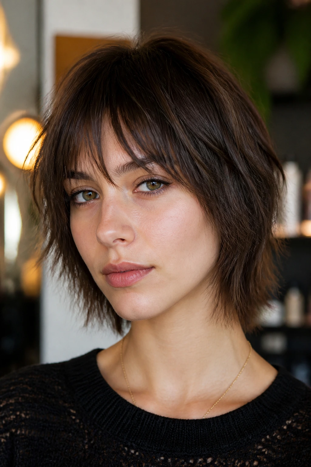 Close-up portrait of a real woman with a shag-inspired straight crop in a chic setting.
