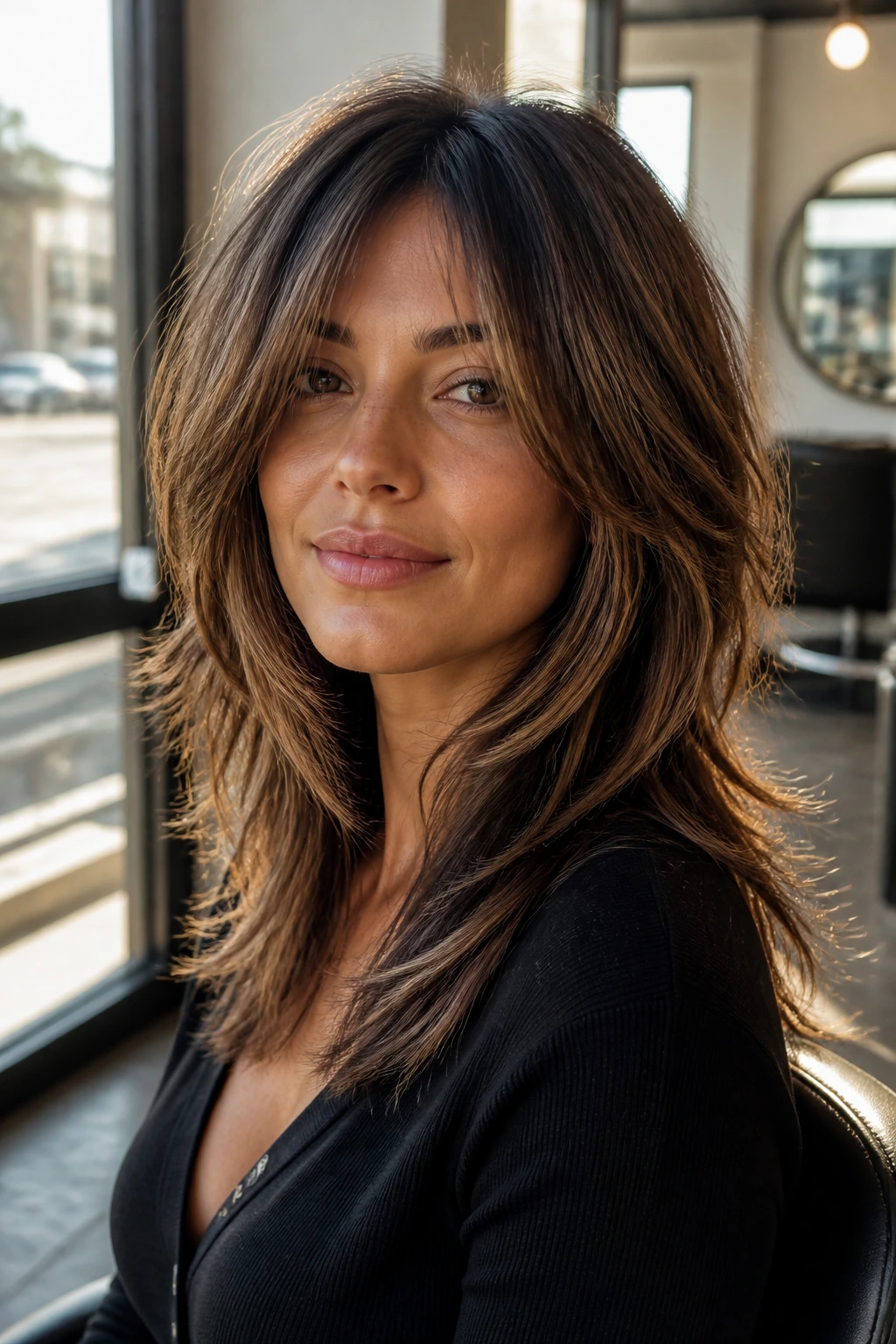 Close-up portrait of a real woman with shag layers and brunette highlights in warm salon light
