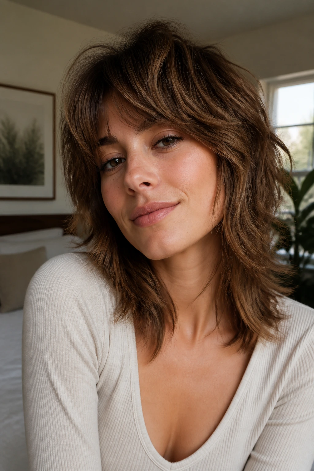 Close-up of a woman with fresh shag layers in a cozy bedroom.