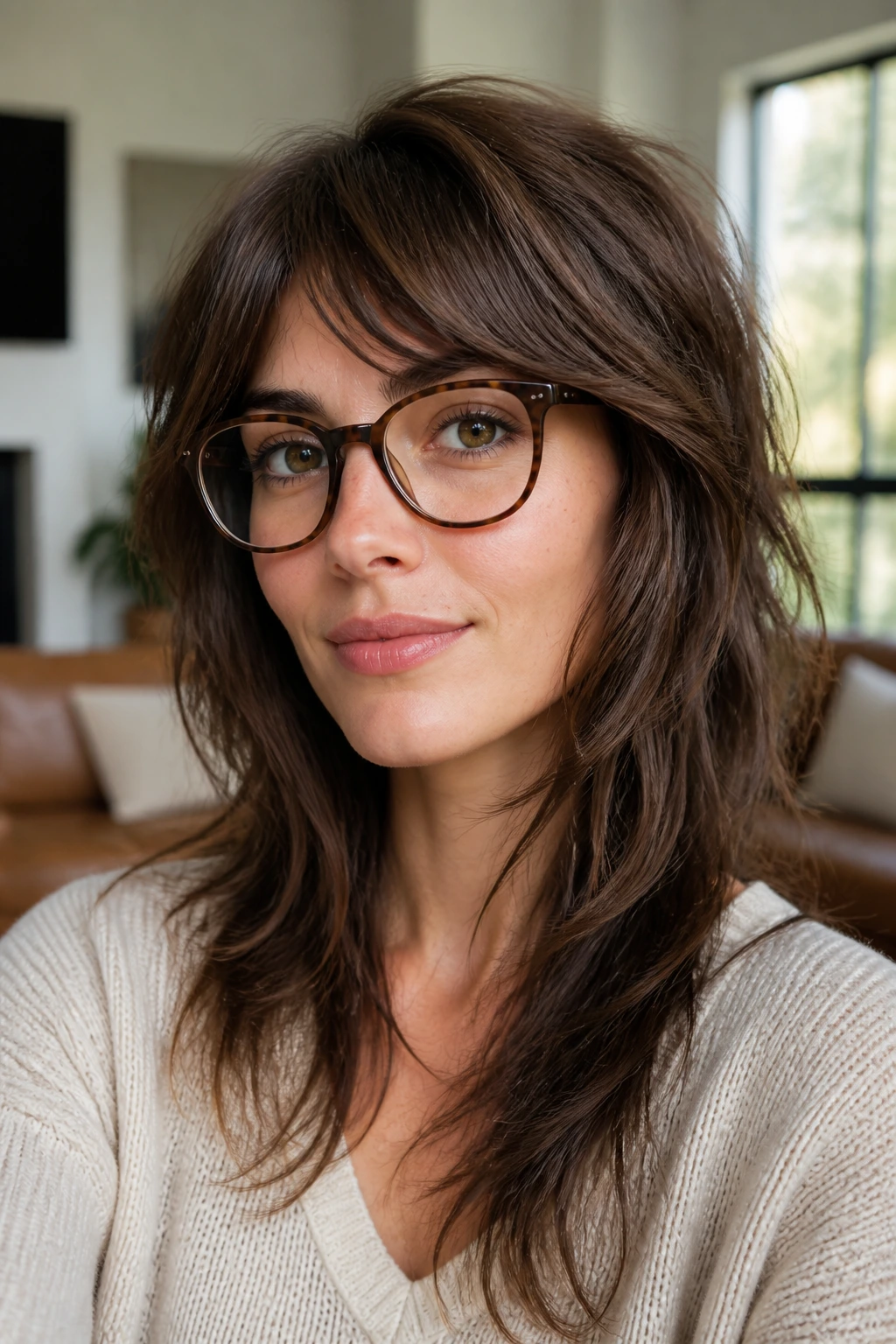 Portrait of a woman with shag layers and glasses showing face framing geometry.
