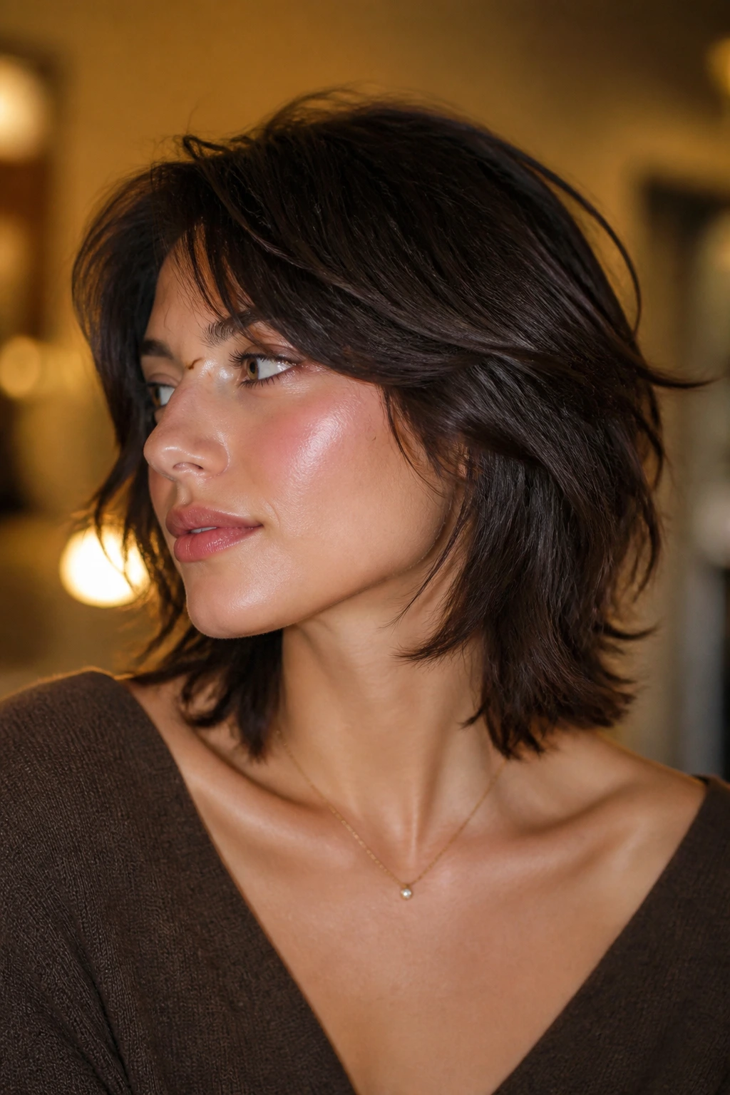Real person with collarbone-length shag emphasizing jawline and neck