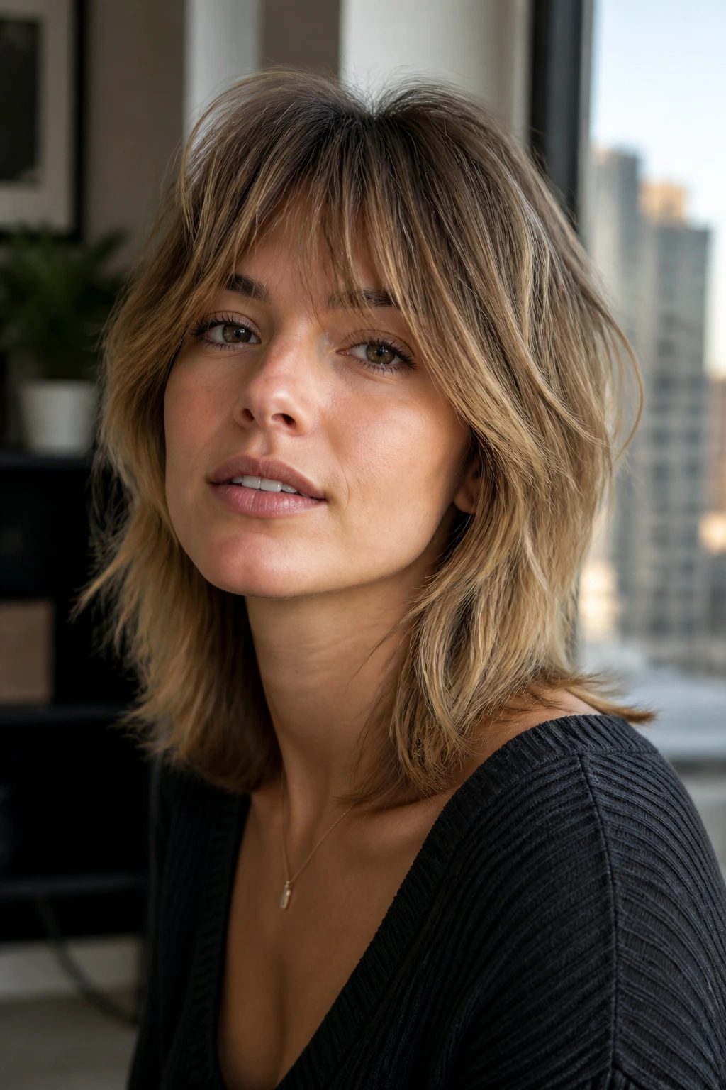 Close-up of a real person with a lively shag hairstyle contrasted with blunt cut