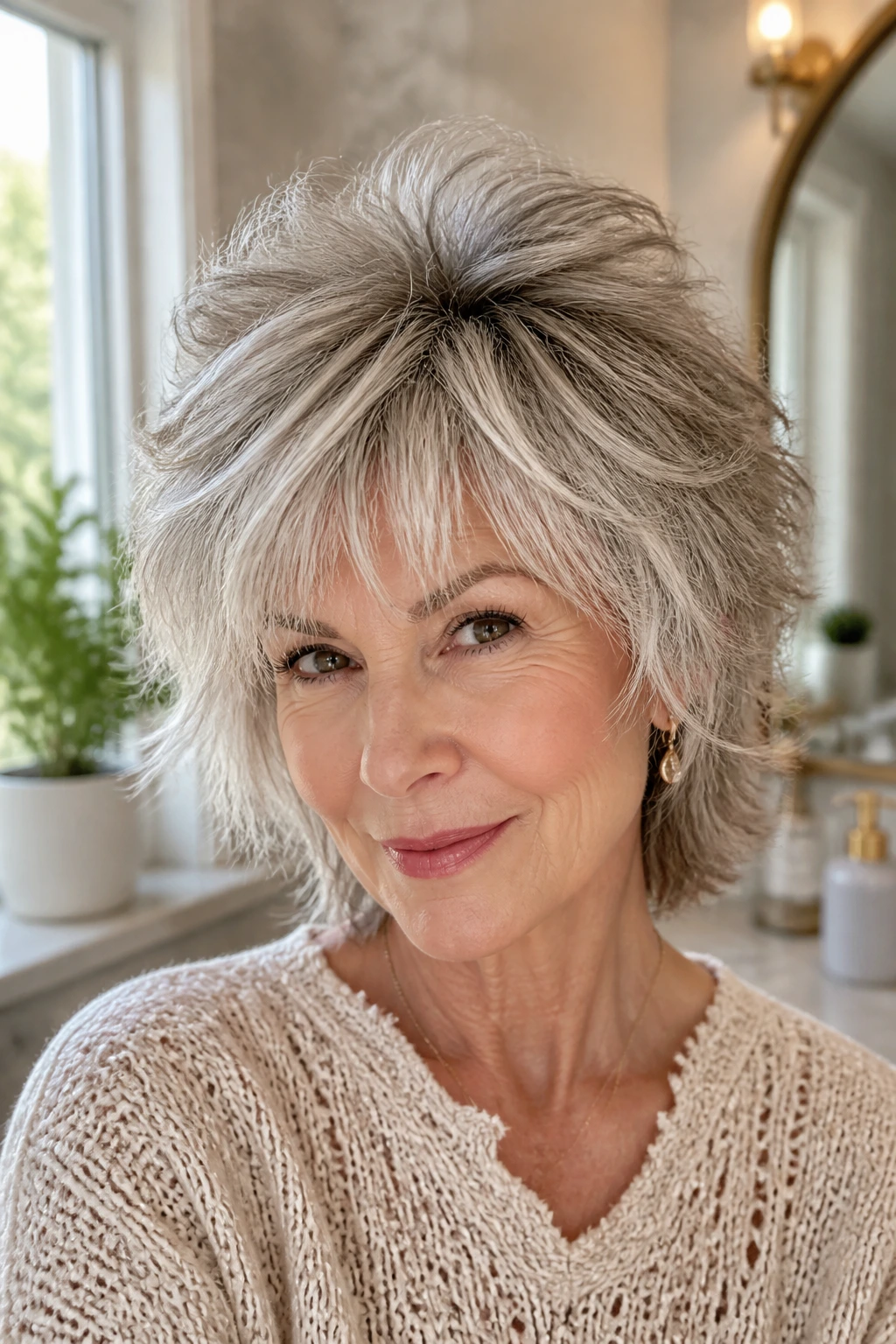 Older woman with lifted shag roots and texture, in natural light